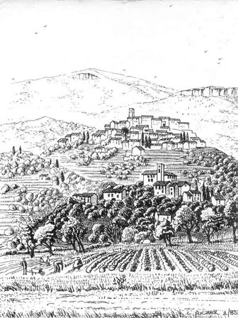 Posctcard sketch of Opio with Chateauneuf de Grasse above